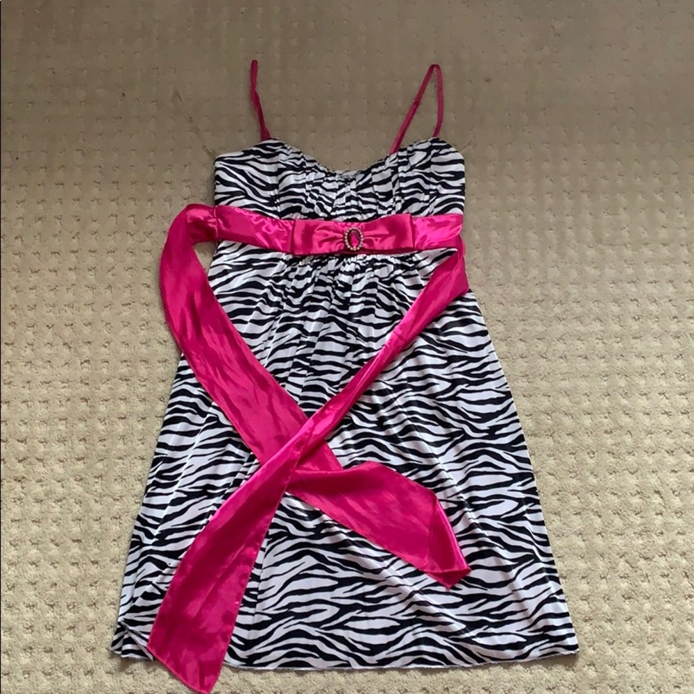 Animal print evening dress with pink trim